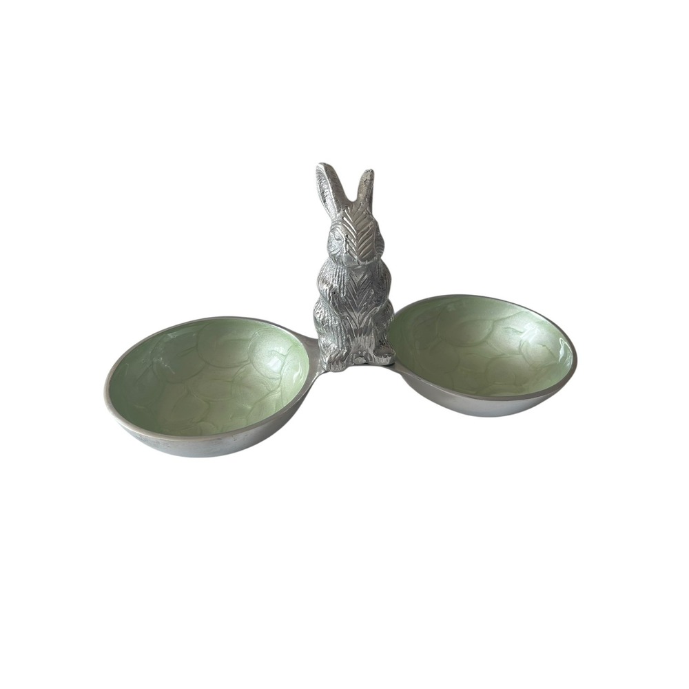 Easter Pewter Rabbit Green with 2 Enamel Jewelry Trinket Candy Bowls/Trays